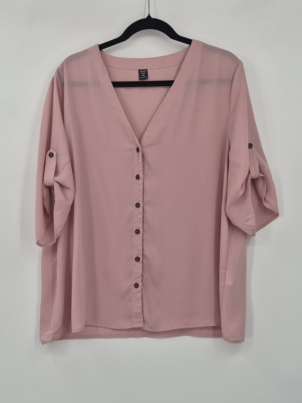 Shein Dusty Rose Button Up Roll Tab Sleeve Size 1XL Flowy Casual Chic